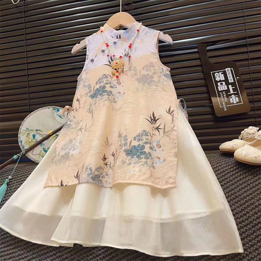 Girls Traditional Hanfu Cheongsam A-Line Summer Dress Kids