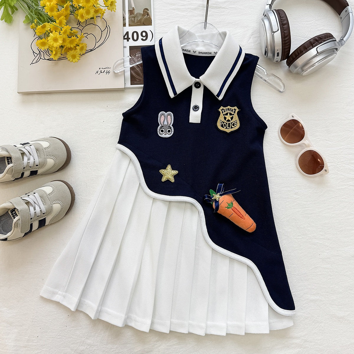 Girls Korean Style Sleeveless Cartoon Pleated Summer Dress Kids