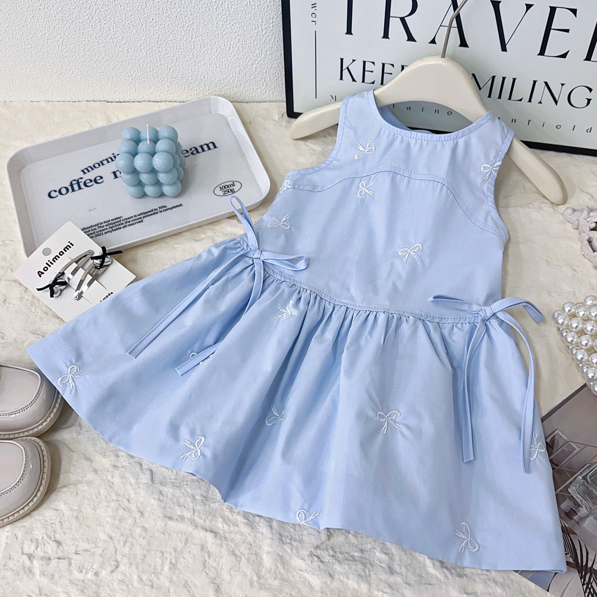 Blue Girls Sleeveless Bow Print A-Line Sundress Summer Kids Outfit