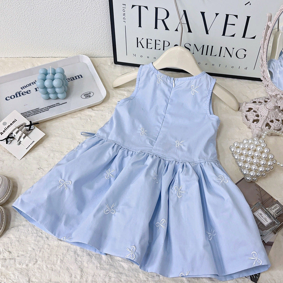 Girls Sleeveless Bow Print A-Line Sundress Summer Kids Outfit