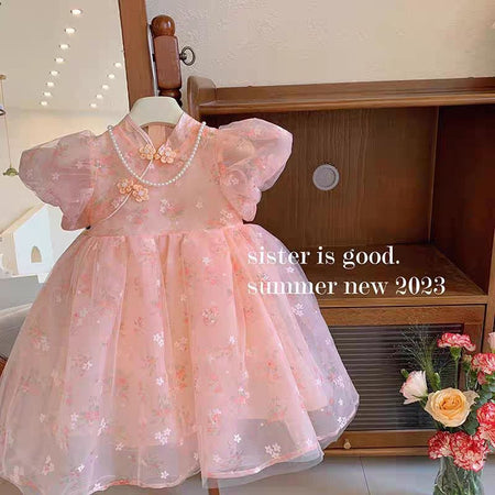 Girls Pink Floral A-Line Princess Dress Short Sleeve Kids