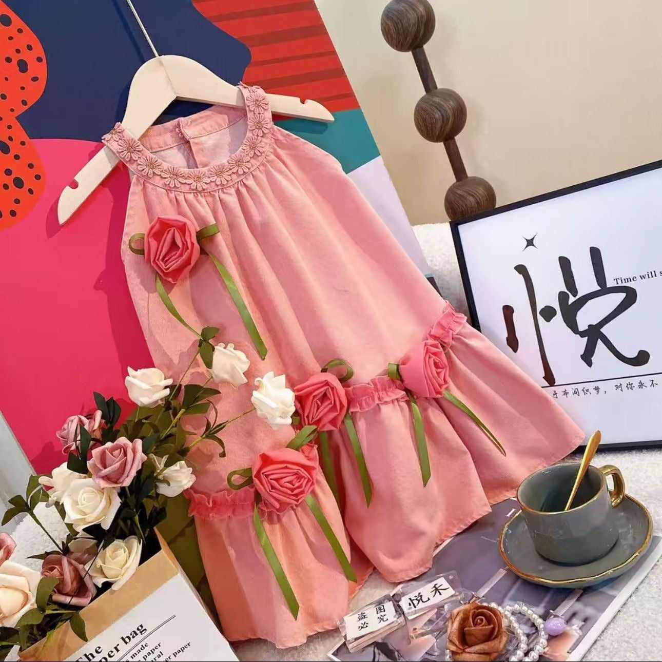 Girls Denim Style Sleeveless Princess A-Line Summer Dress Kids