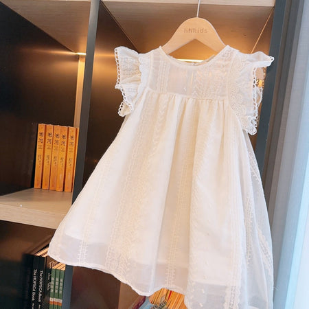 Girls Lace Hollow Out Flutter Sleeve A-Line Summer Dress Kids