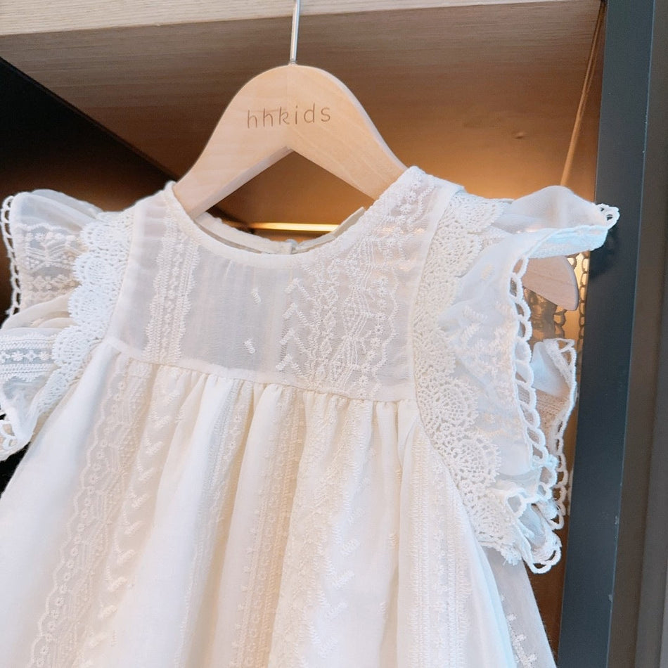Girls Lace Hollow Out Flutter Sleeve A-Line Summer Dress Kids