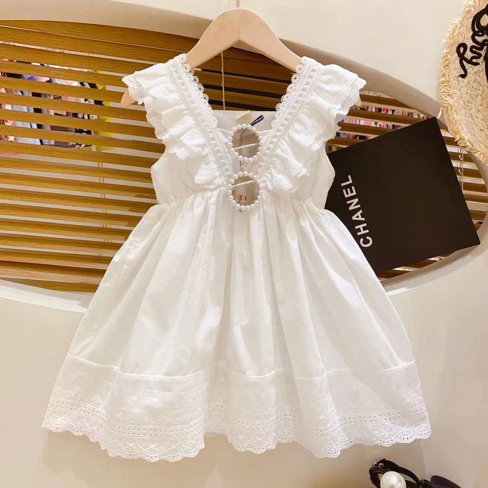 Girls White Lace Waist Cinch A-Line Summer Dress Kids