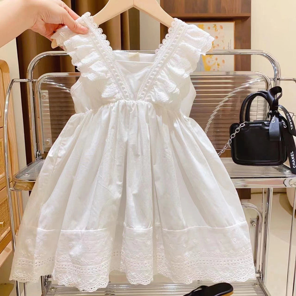 Girls White Lace Waist Cinch A-Line Summer Dress Kids