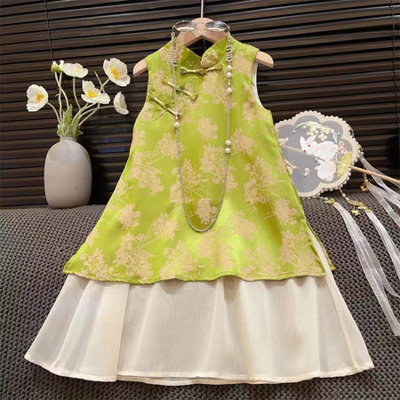 Girls Chinese Style A-Line Vest Summer Dress Kids Cotton Outfit