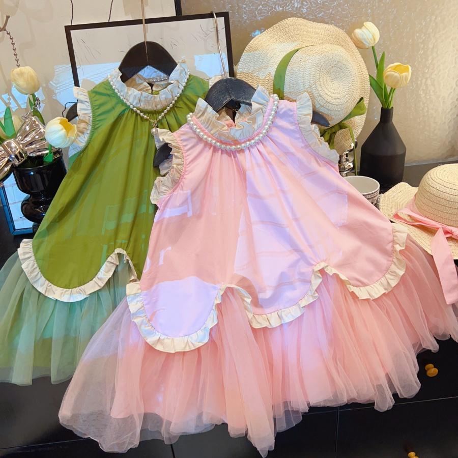 Pink Girls Sleeveless Mesh Ruffle Princess Dress Summer Kids Outfit