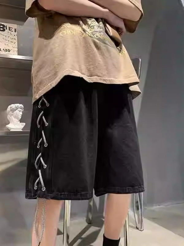 Side Braided Denim Shorts Men Street Style Loose Fit Basketball