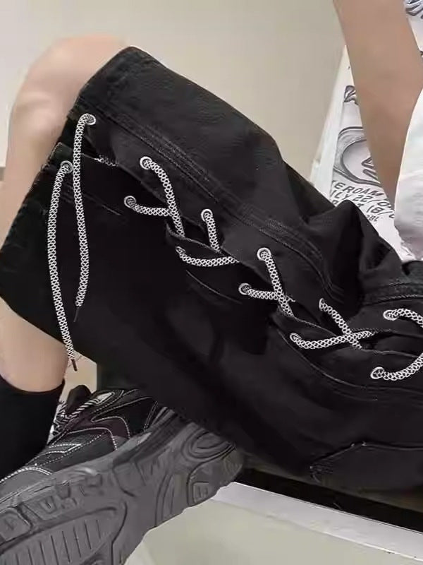 Side Braided Denim Shorts Men Street Style Loose Fit Basketball