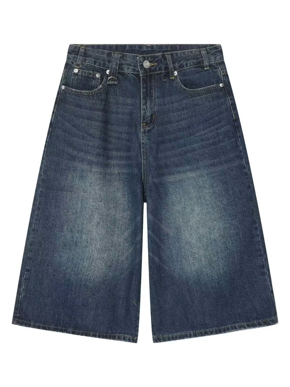 Washed Vintage Distressed Denim Shorts Unisex Loose Fit Straight
