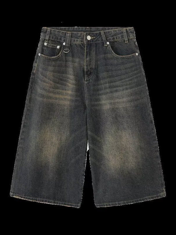 Washed Vintage Distressed Denim Shorts Unisex Loose Fit Straight