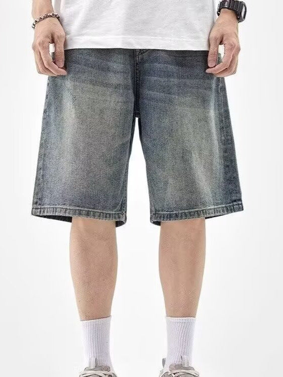American Retro Washed Denim Shorts Men Loose Fit Straight