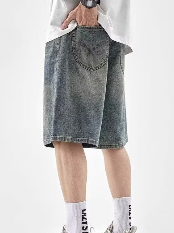 American Retro Washed Denim Shorts Men Loose Fit Straight