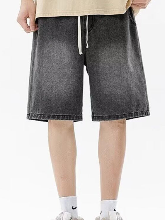 Drawstring Loose Fit Denim Shorts Men Hong Kong Style Five-Point