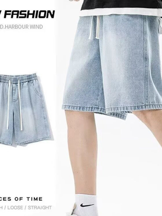 Drawstring Loose Fit Denim Shorts Men Hong Kong Style Five-Point