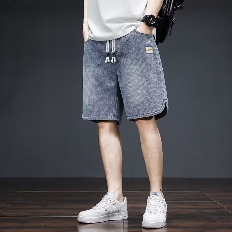 Starry Sky Pattern Denim Shorts Men Loose Fit Straight Five-Point