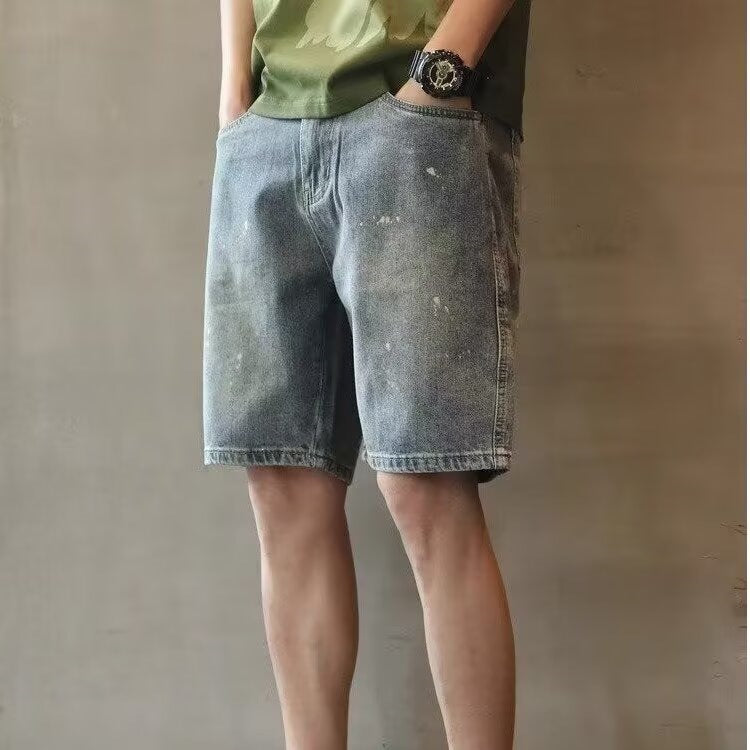 Washed Splatter Denim Shorts Men Loose Fit American Retro
