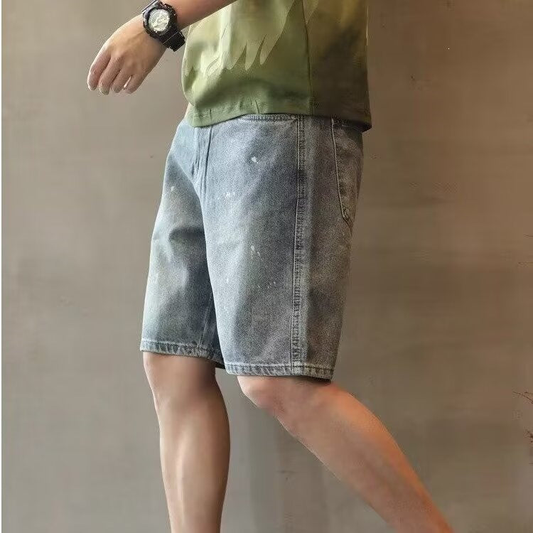 Washed Splatter Denim Shorts Men Loose Fit American Retro