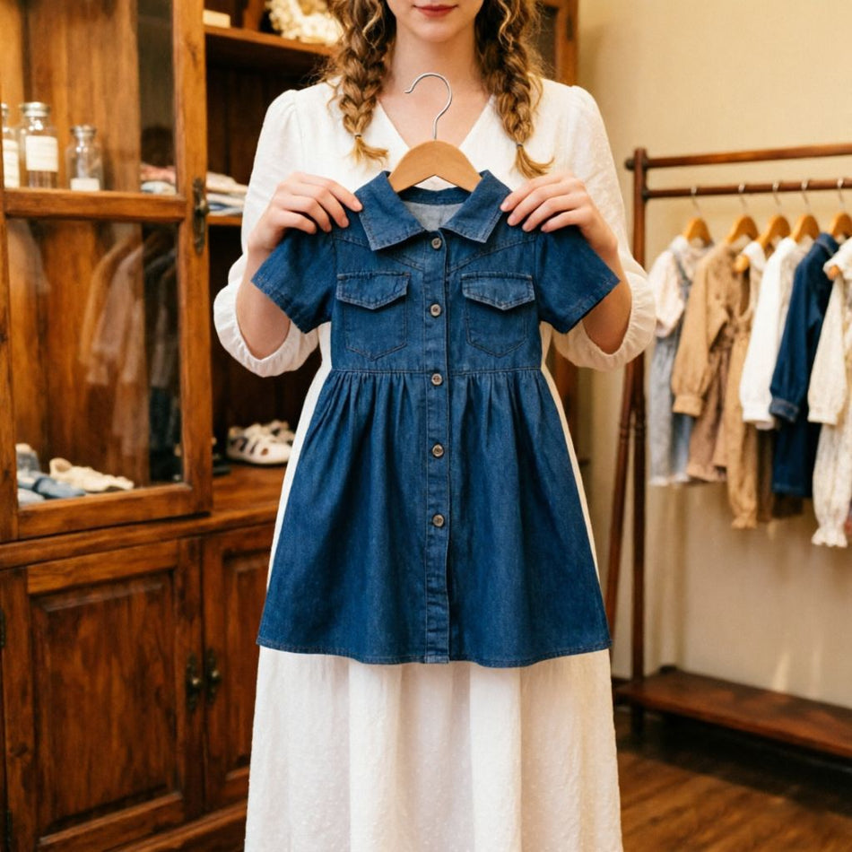 Girls Korean Style A-Line Cotton Summer Dress Kids Blue