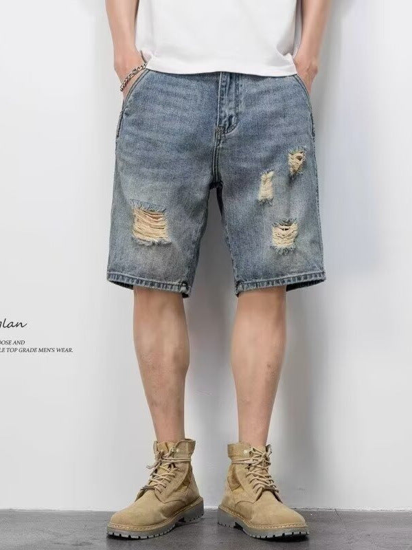 Japanese Style Ripped Denim Shorts Men Loose Fit Five-Point