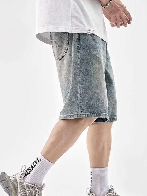 American Retro Washed Denim Shorts Men Loose Straight Fit