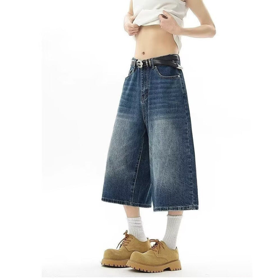 Washed Vintage Distressed Denim Shorts Unisex Loose Fit Straight