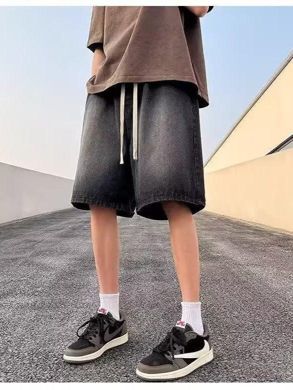 Hong Kong Style Drawstring Denim Shorts Men Loose Fit Five-Point