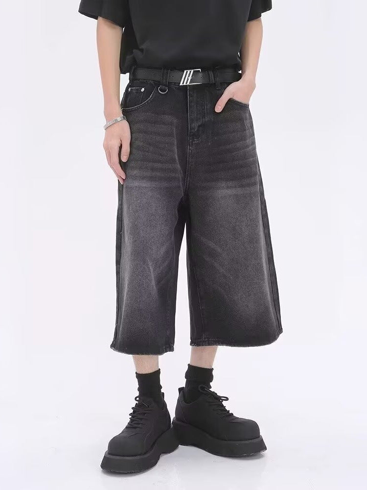 American Retro Distressed Denim Shorts Men Loose Wide-Leg Cropped