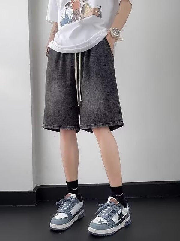 Drawstring Loose Fit Denim Shorts Men Hong Kong Style Five-Point