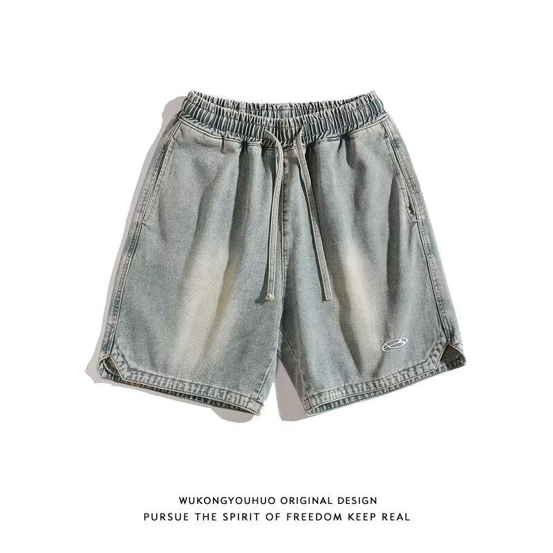 American Retro Washed Denim Shorts Men Loose Wide-Leg Street