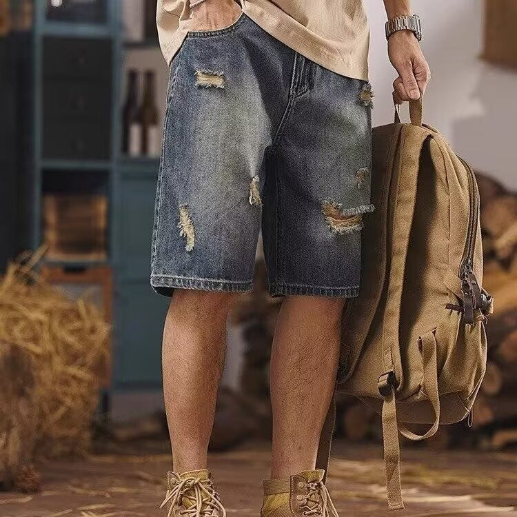 American Vintage Yellow Mud Washed Ripped Denim Shorts Men Loose