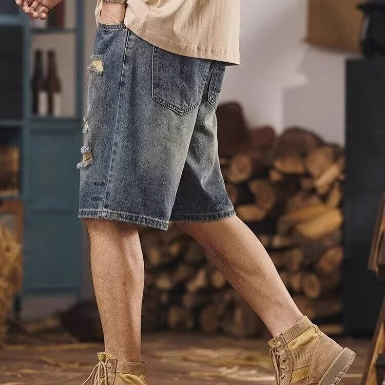 American Vintage Yellow Mud Washed Ripped Denim Shorts Men Loose