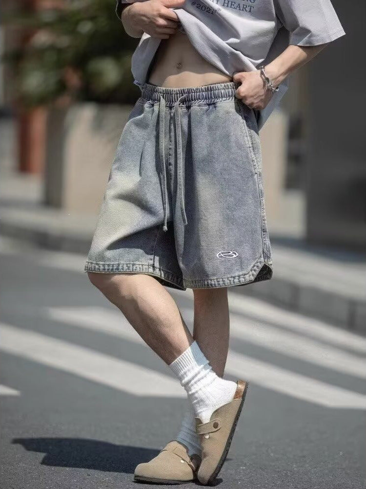 American Retro Hip-Hop Denim Shorts Men Loose Wide-Leg Straight