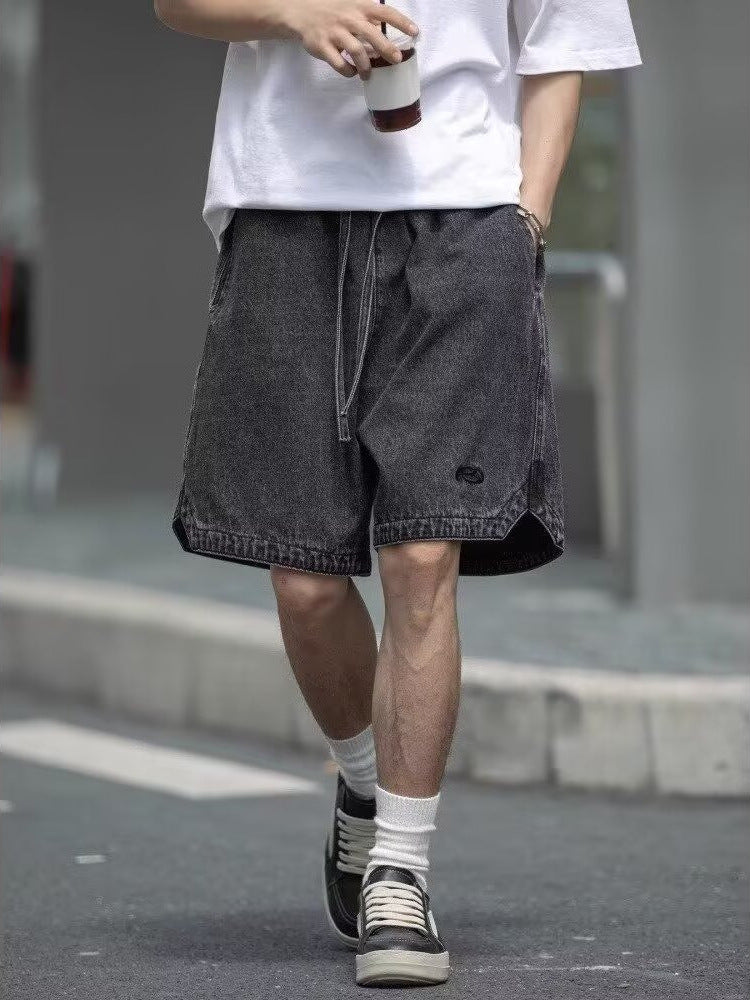 American Retro Hip-Hop Denim Shorts Men Loose Wide-Leg Straight