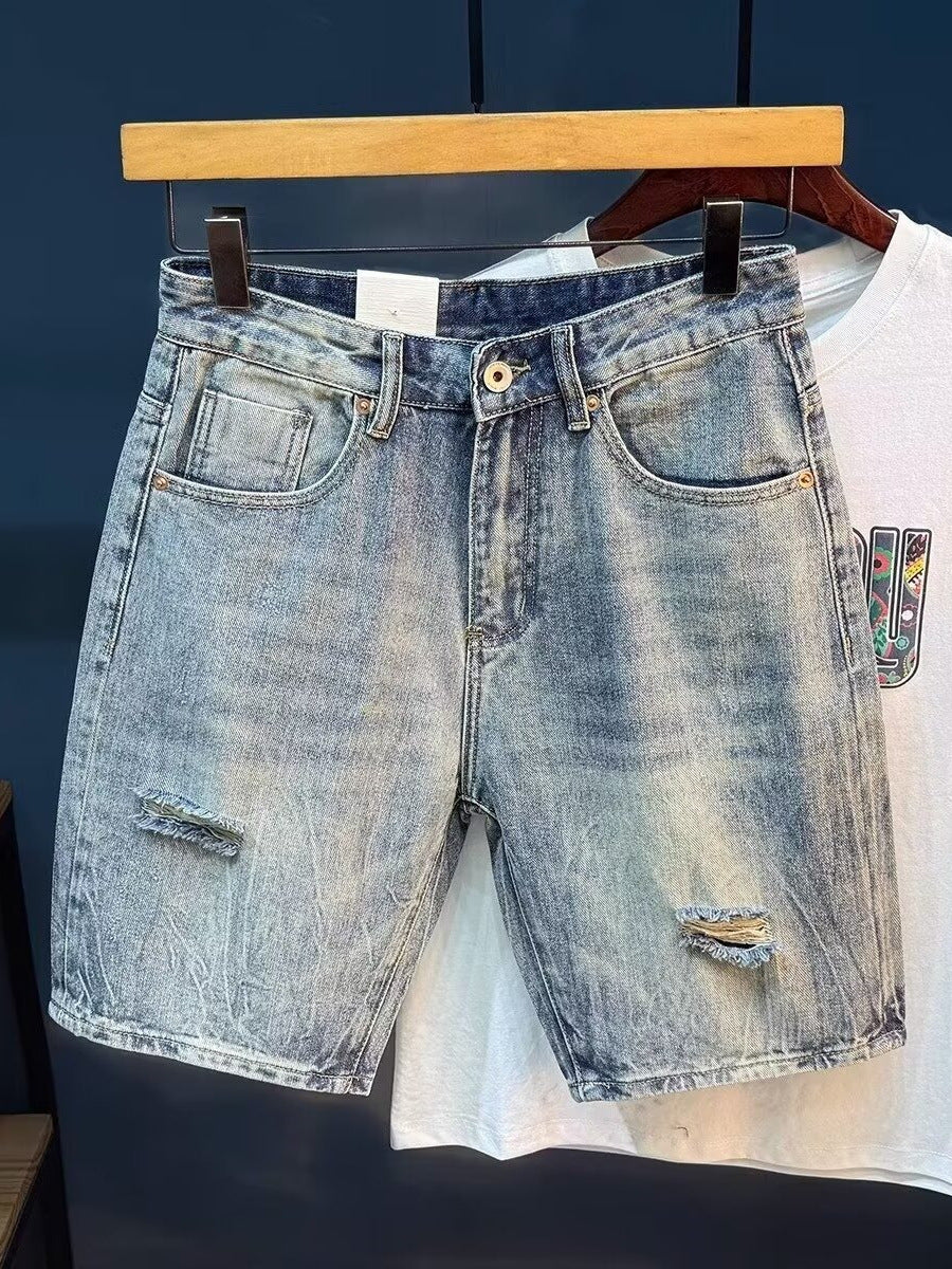American High Street Ripped Denim Shorts Men Loose Straight