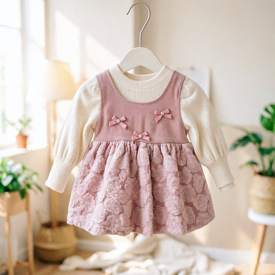 Pink Baby Girls Korean Style Bowknot Long Sleeve Princess Dress
