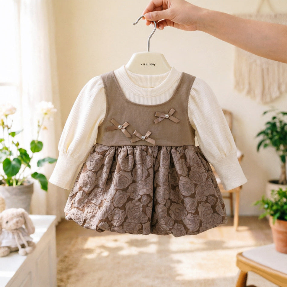 Baby Girls Korean Style Bowknot Long Sleeve Princess Dress