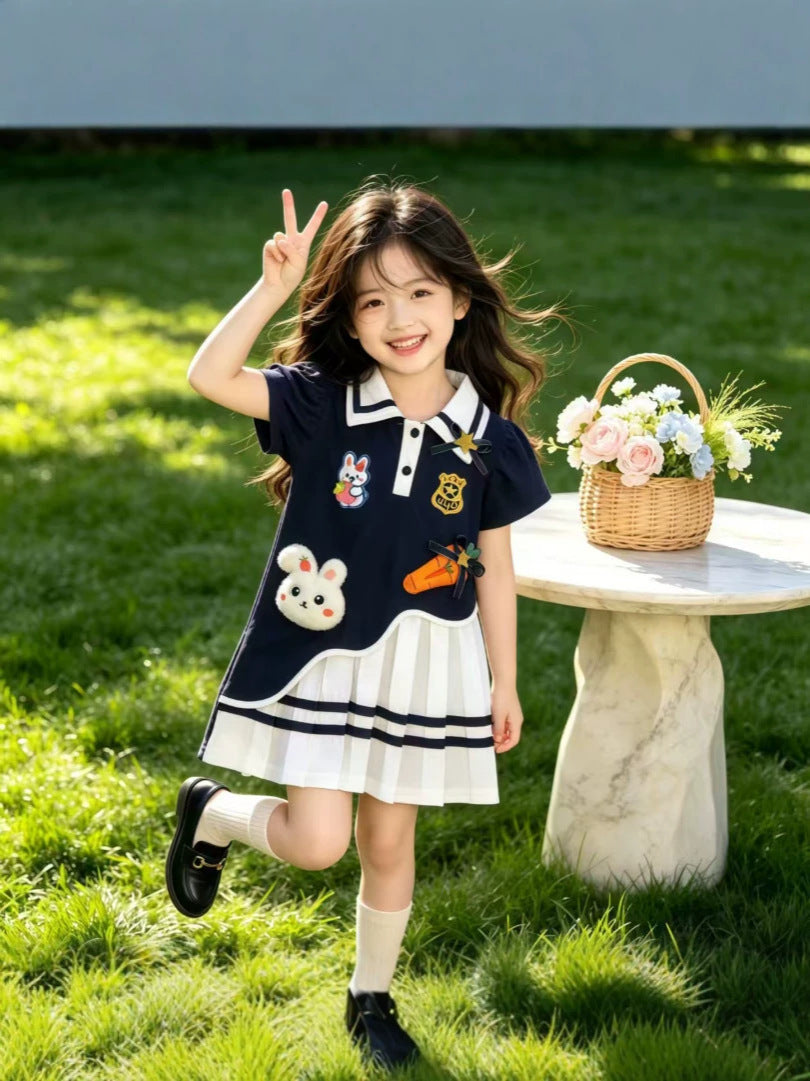 Dark Gray Girls Rabbit Pleated A-Line Summer Dress Cute Princess Outfit