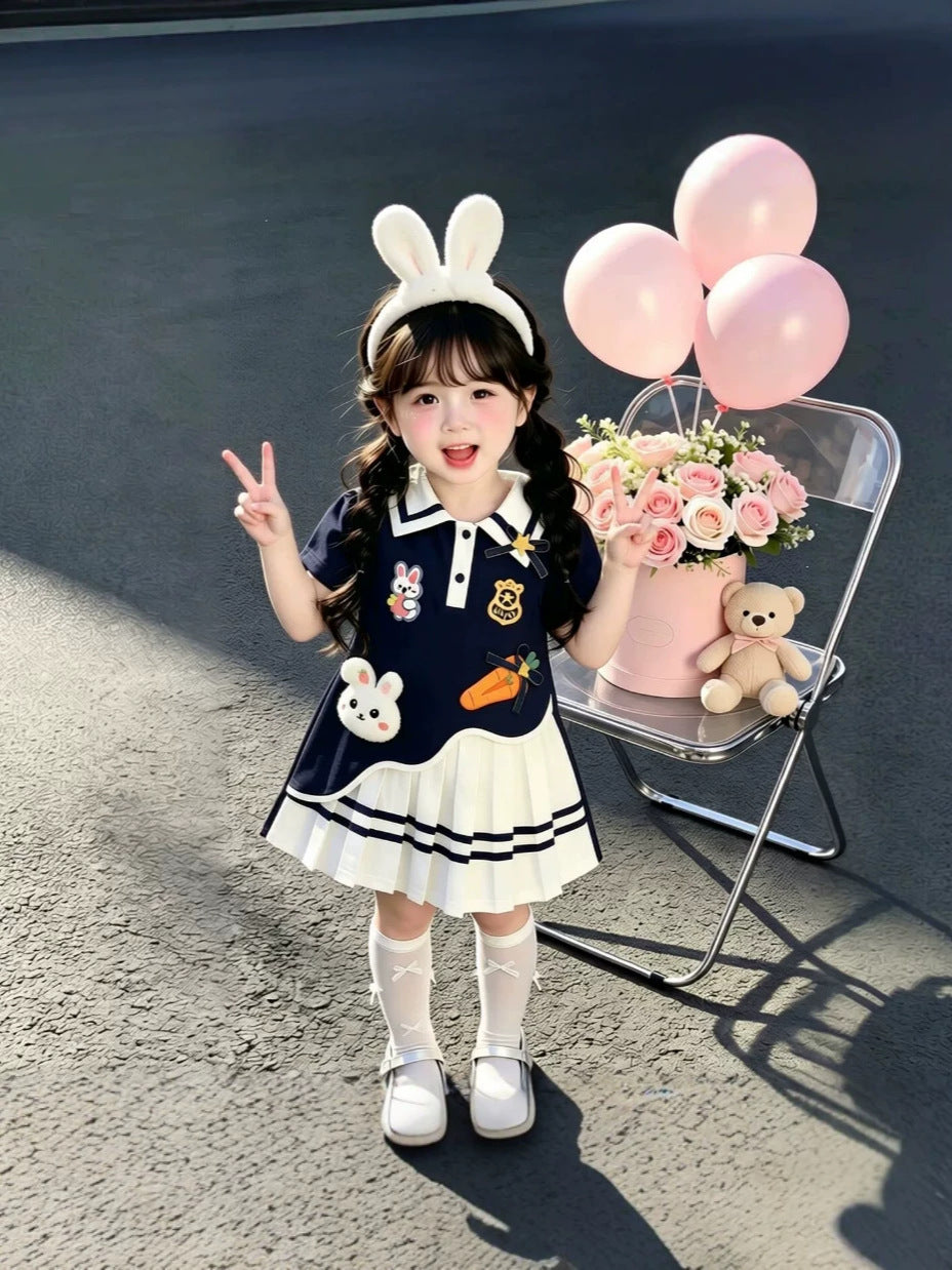 Girls Rabbit Pleated A-Line Summer Dress Cute Princess Outfit