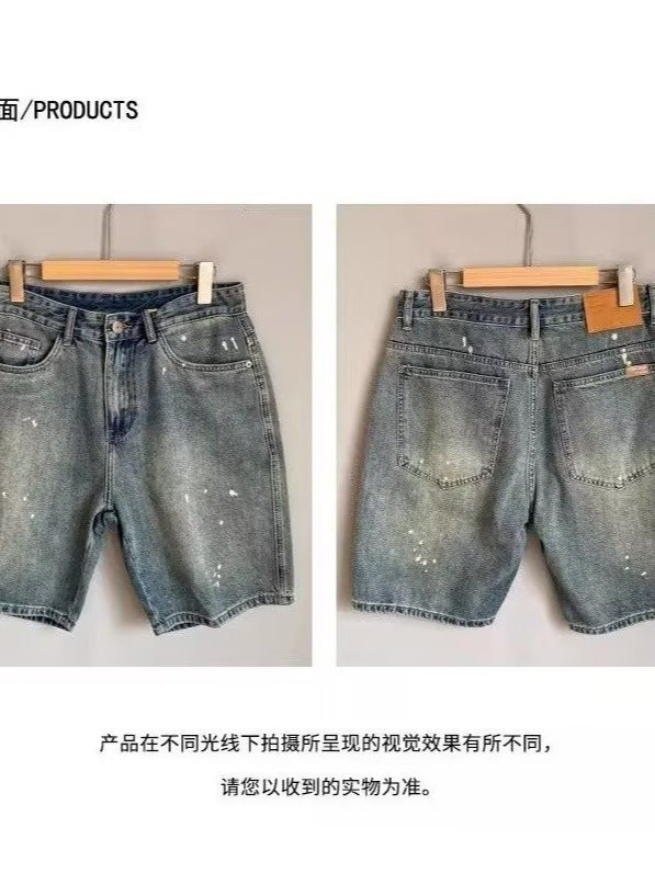Retro Splatter Washed Denim Shorts Men Loose Fit American Style