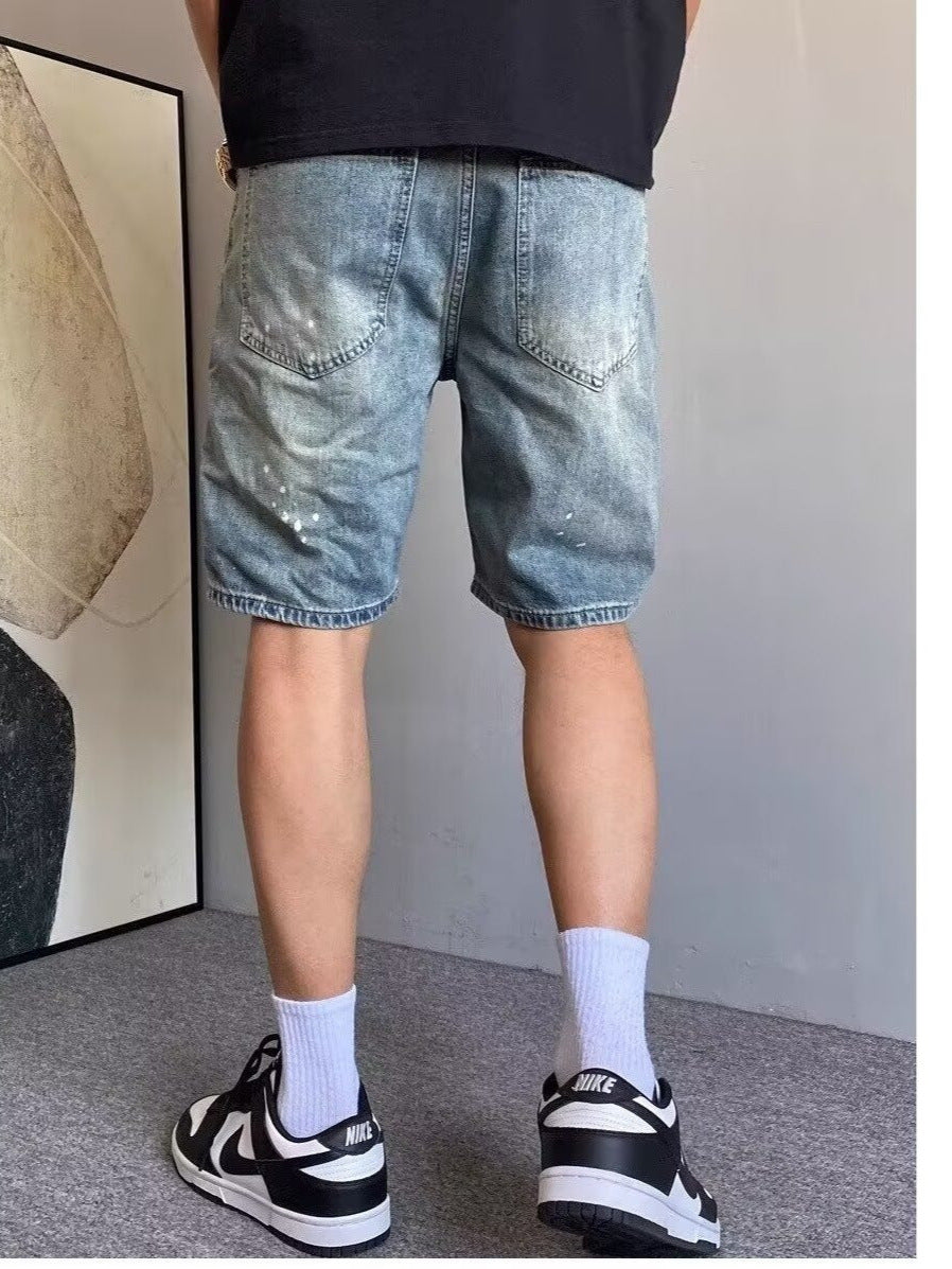 Retro Splatter Washed Denim Shorts Men Loose Fit American Style