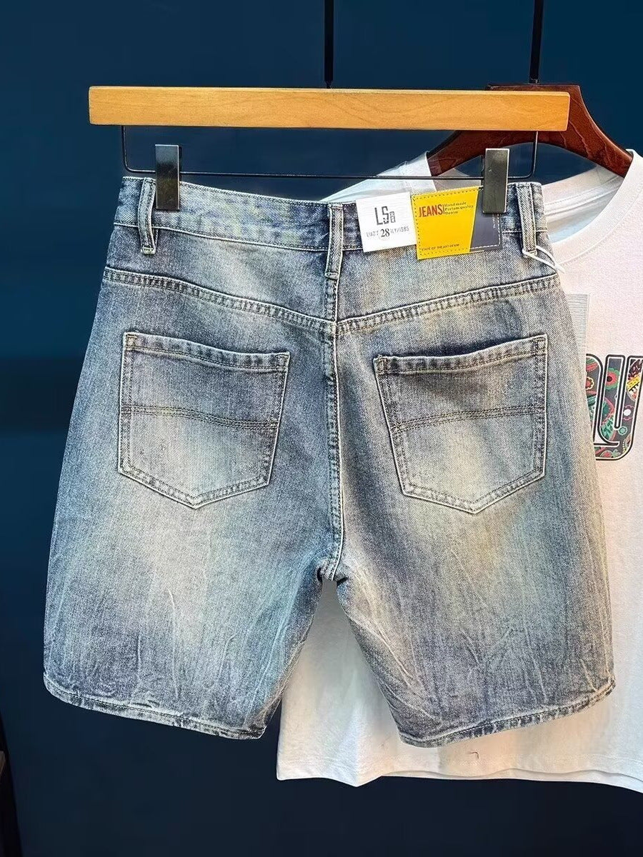 Light Blue Ripped Denim Shorts Men Loose Lyocell Knee-Length