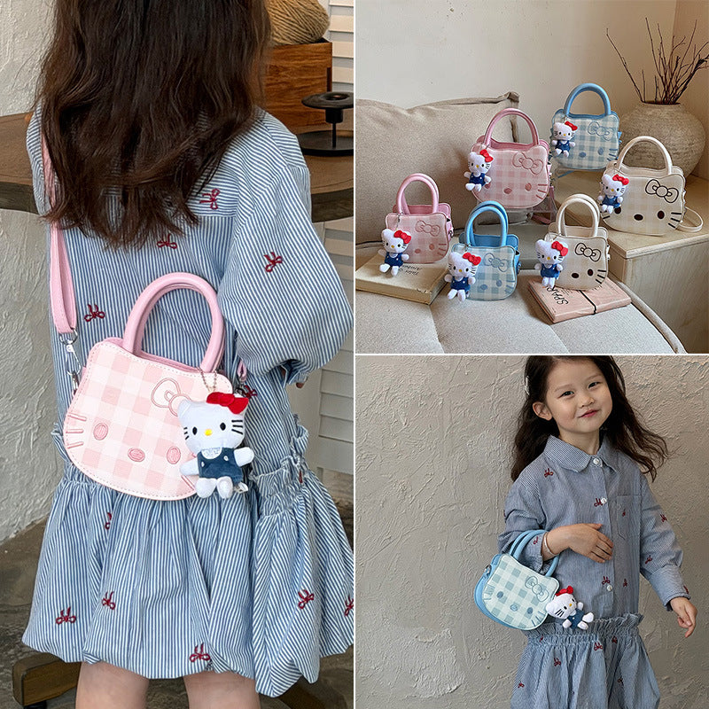 Pink Girls Cat Embroidered Plaid Crossbody Handbag Stylish PU Bag