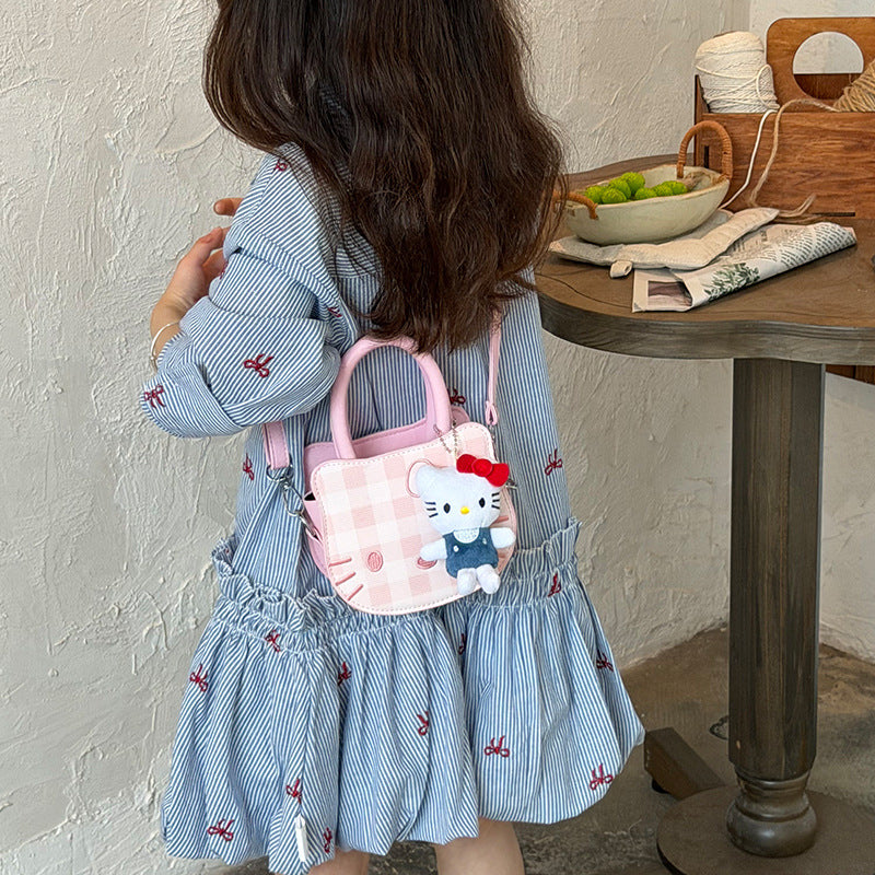 Girls Cat Embroidered Plaid Crossbody Handbag Stylish PU Bag