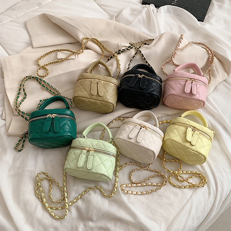 Khaki Mini Chain Bucket Crossbody Bag Textured Embroidered Purse