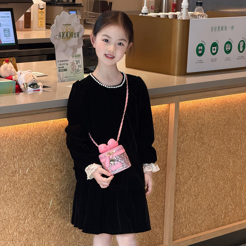 Girls Sequin Bow Chain Bucket Crossbody Handbag