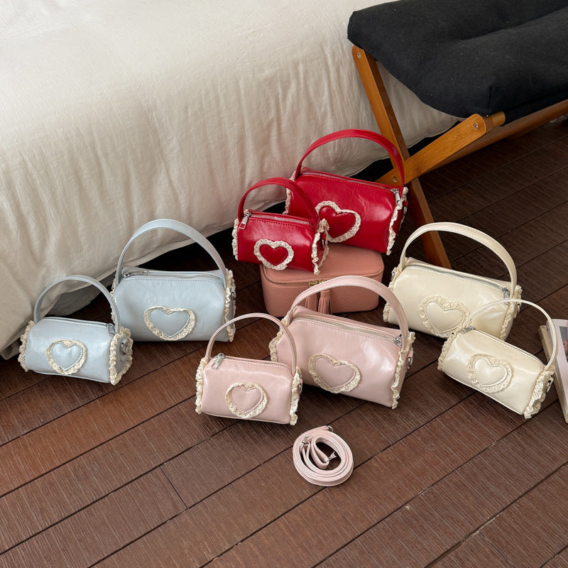 Small, white Girls Heart Lace Bucket Crossbody Bag Cute PU Handbag