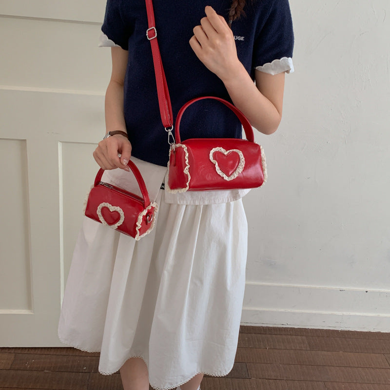 Girls Heart Lace Bucket Crossbody Bag Cute PU Handbag