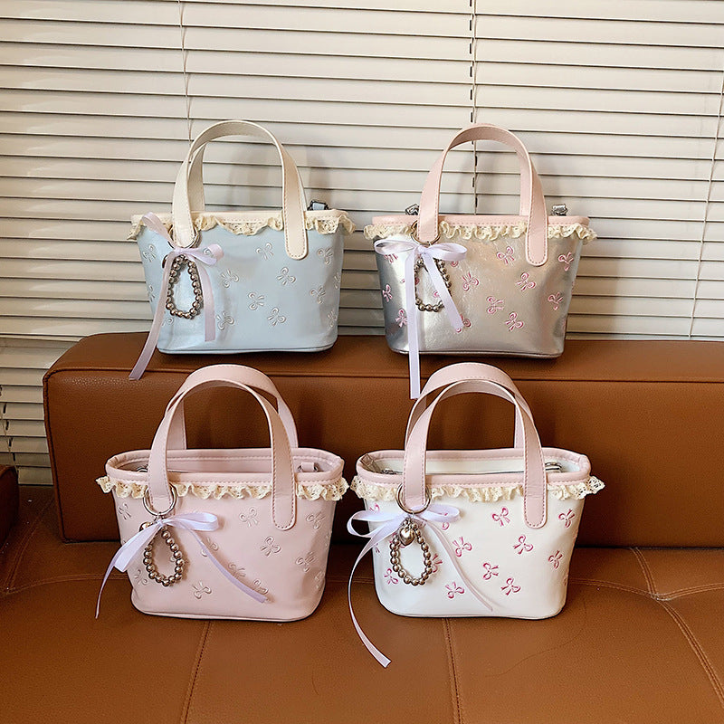 White Bowknot Embroidered PU Bucket Bag Lace Crossbody Bag Women